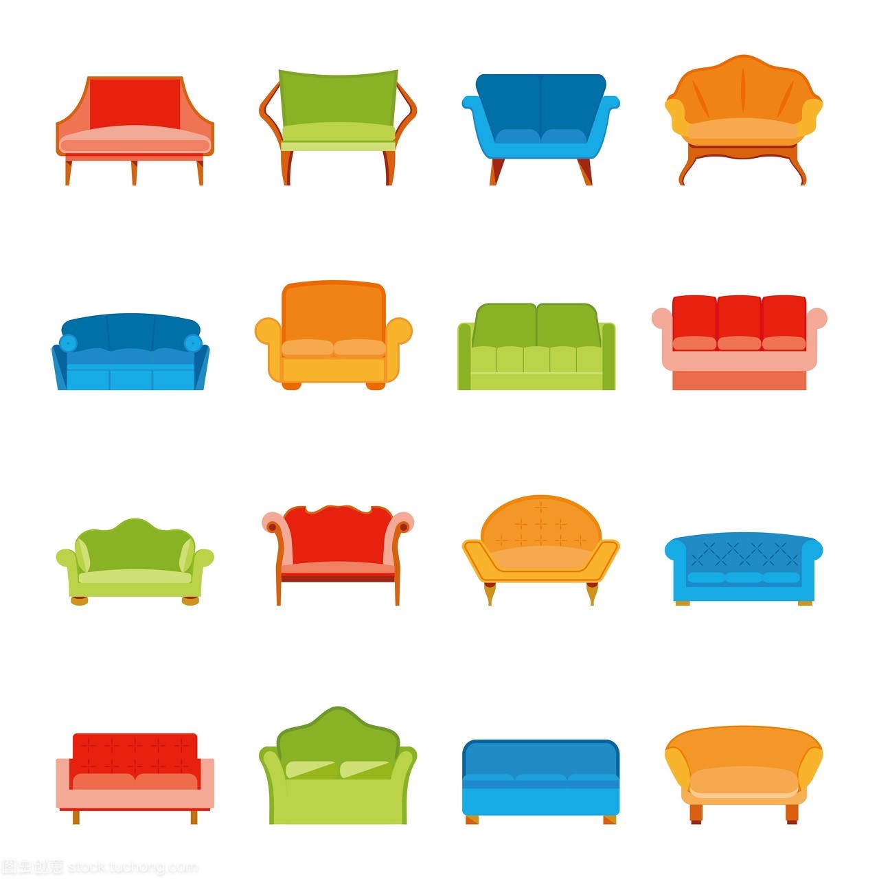 沙发沙发套现代家具图标平面设置孤立的矢量插图