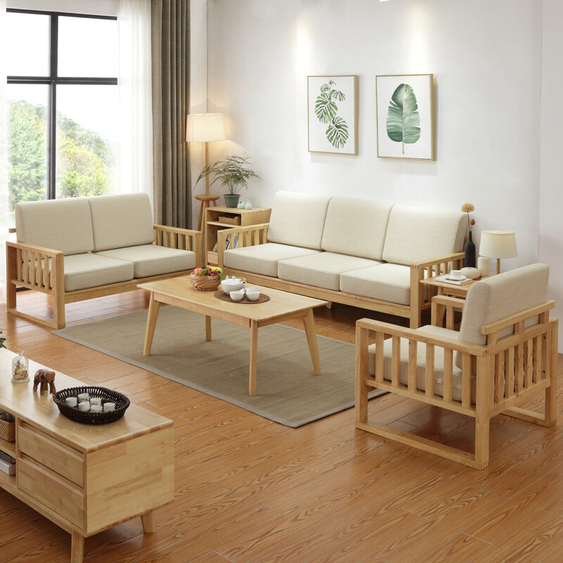 实木沙发原木欧式沙发北欧风格全实木 简约布艺沙发 客厅家具 原木色 单人位+双人位+三人位+长茶几+方茶几